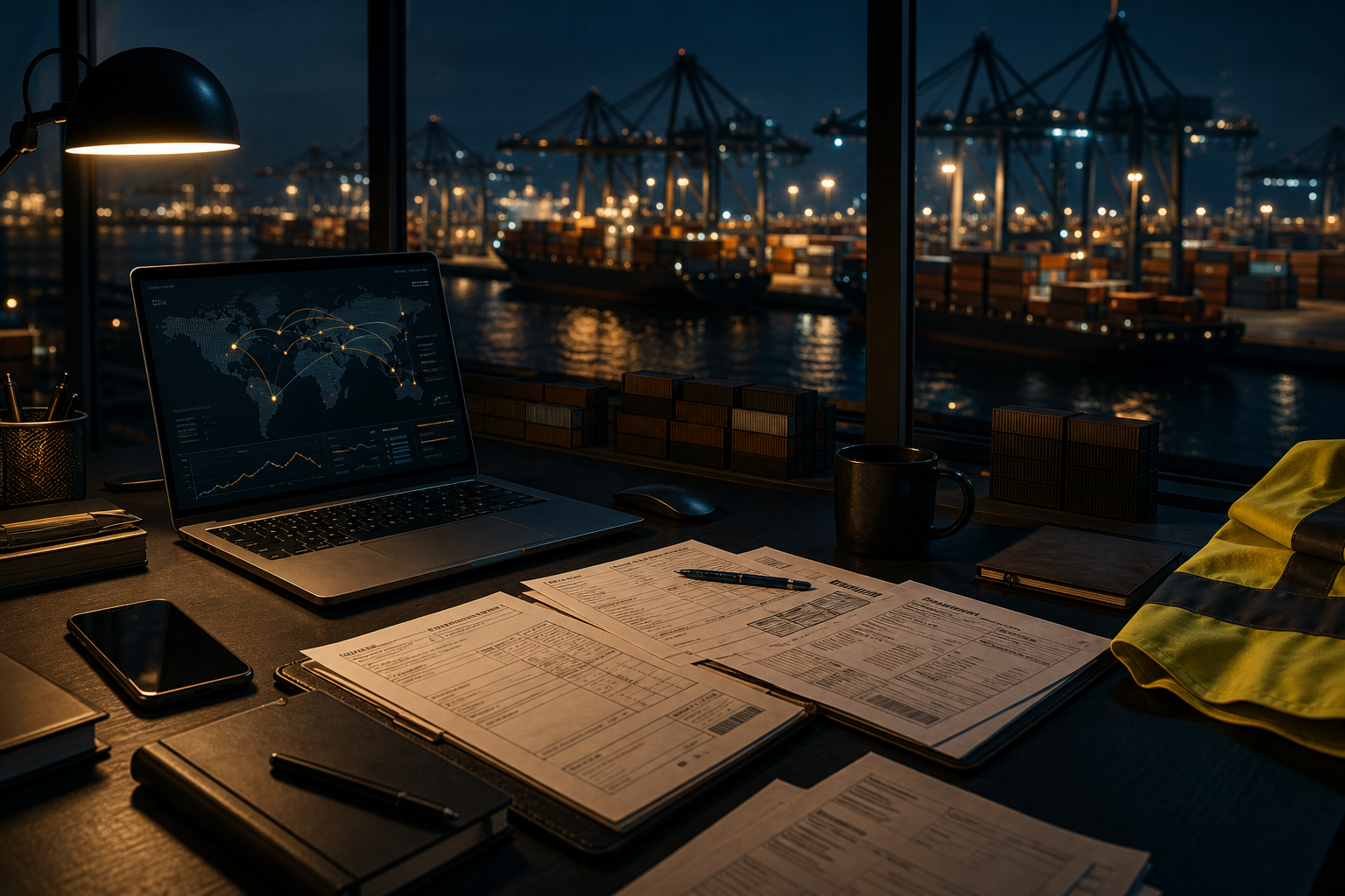 Freight consultant desk with shipping documents and port view