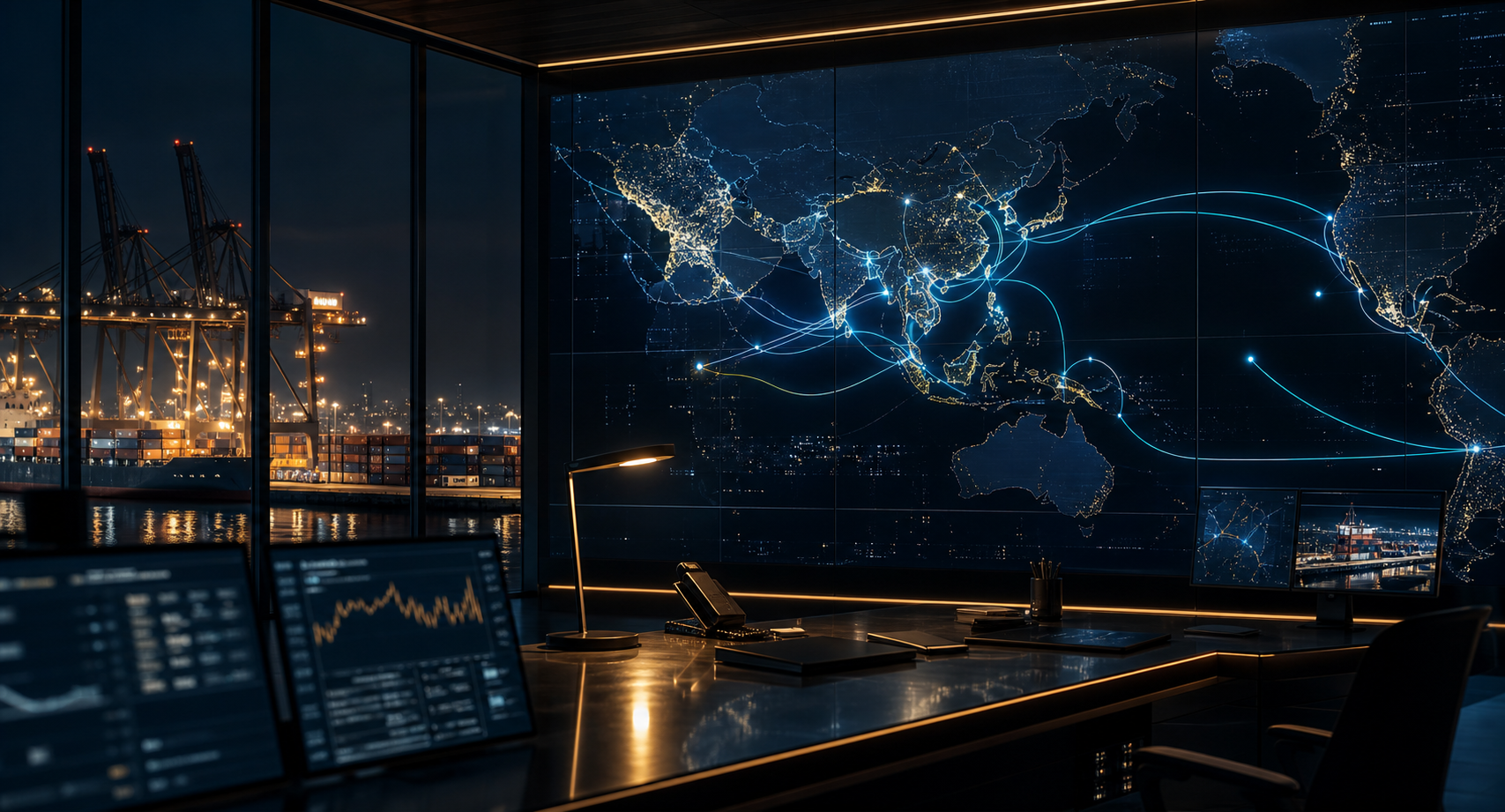 Dark route planning command center with shipping map