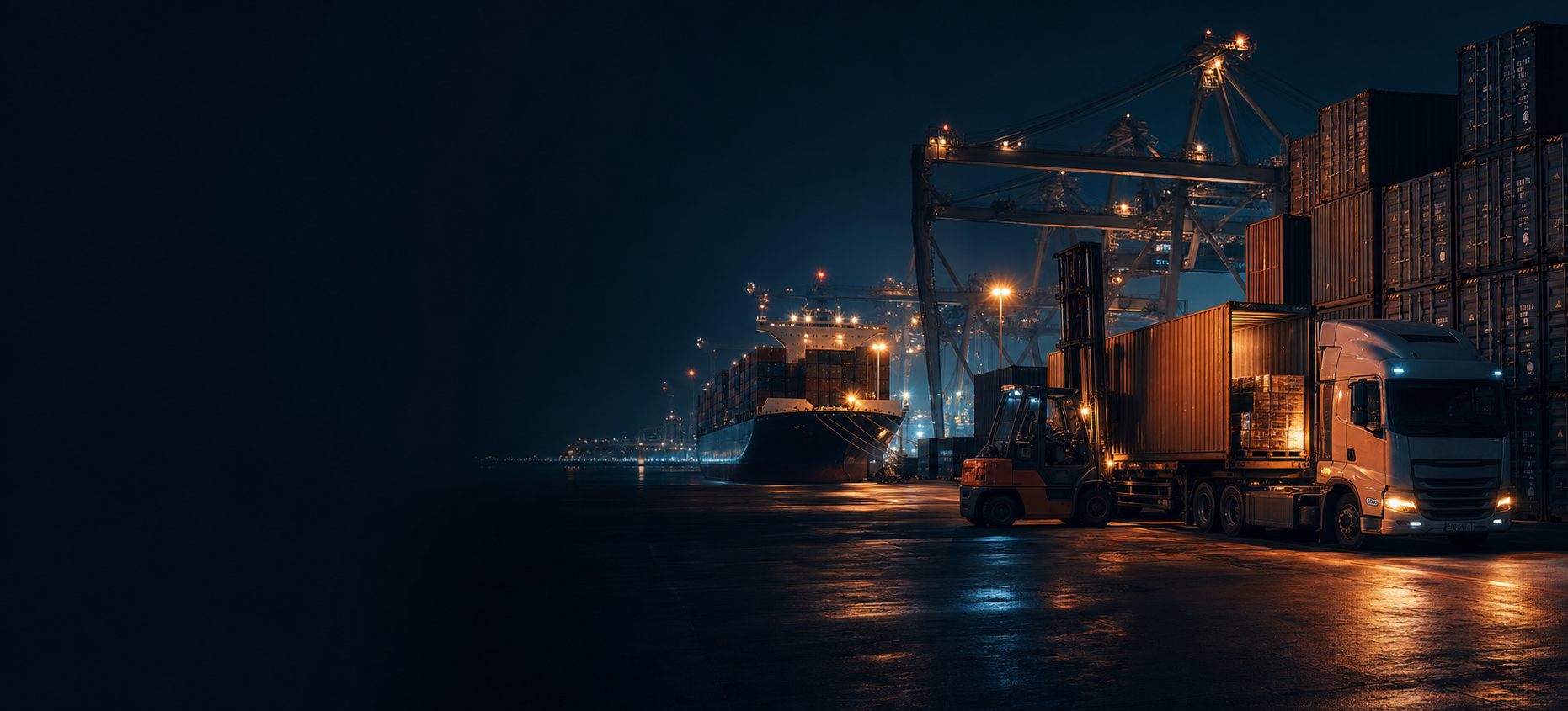 Night cargo operations with truck, forklift and container ship